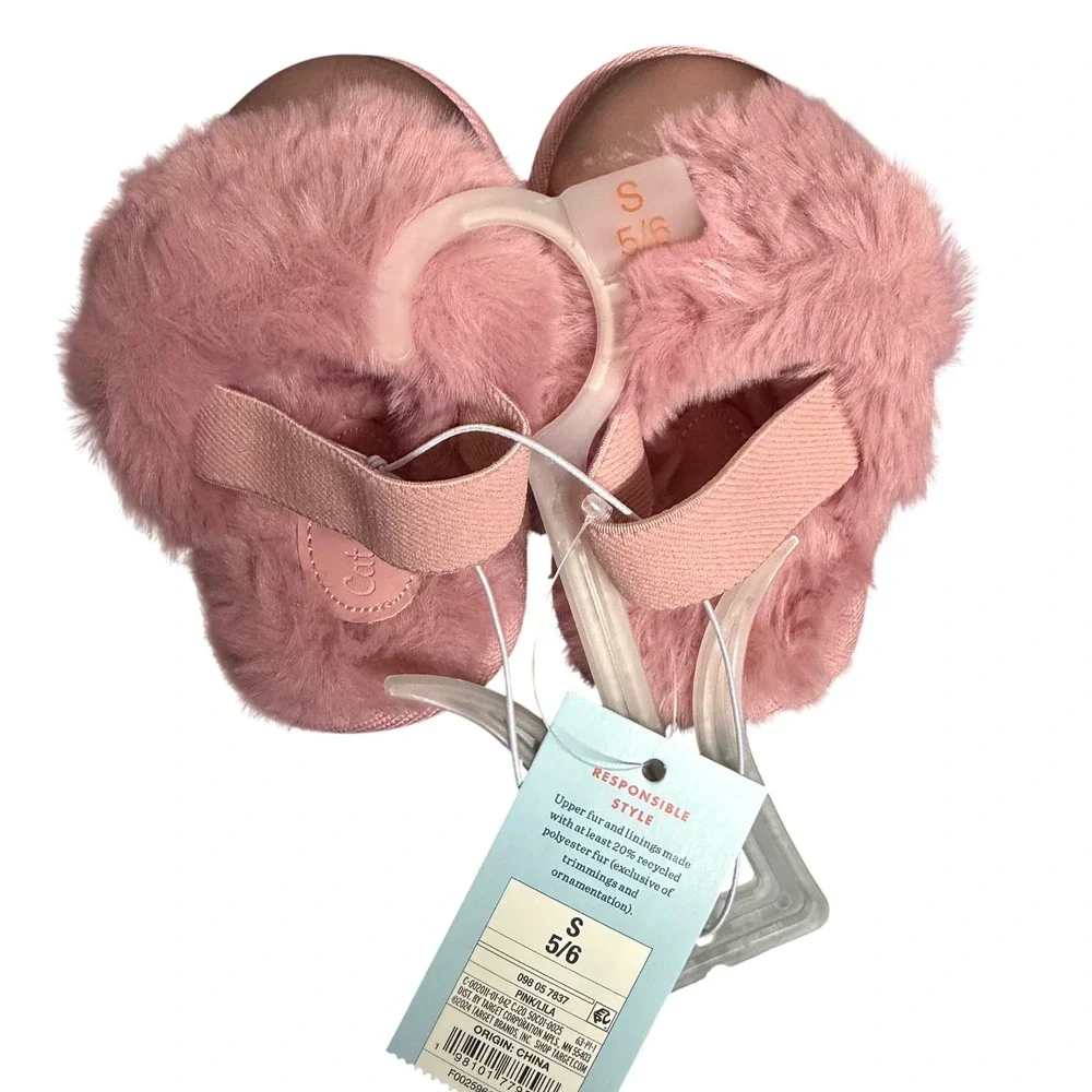 Cat & Jack Slippers Kids S 5/6 Pink Rose Gold Faux Fur Lila Metallic Shimmer New